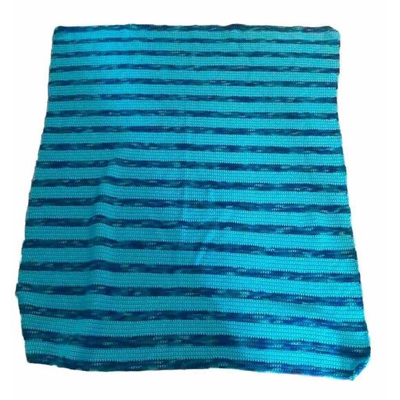 Blanket Handmade Crochet Artisan Blue Striped Size 52 X 45 - Picture 1 of 6